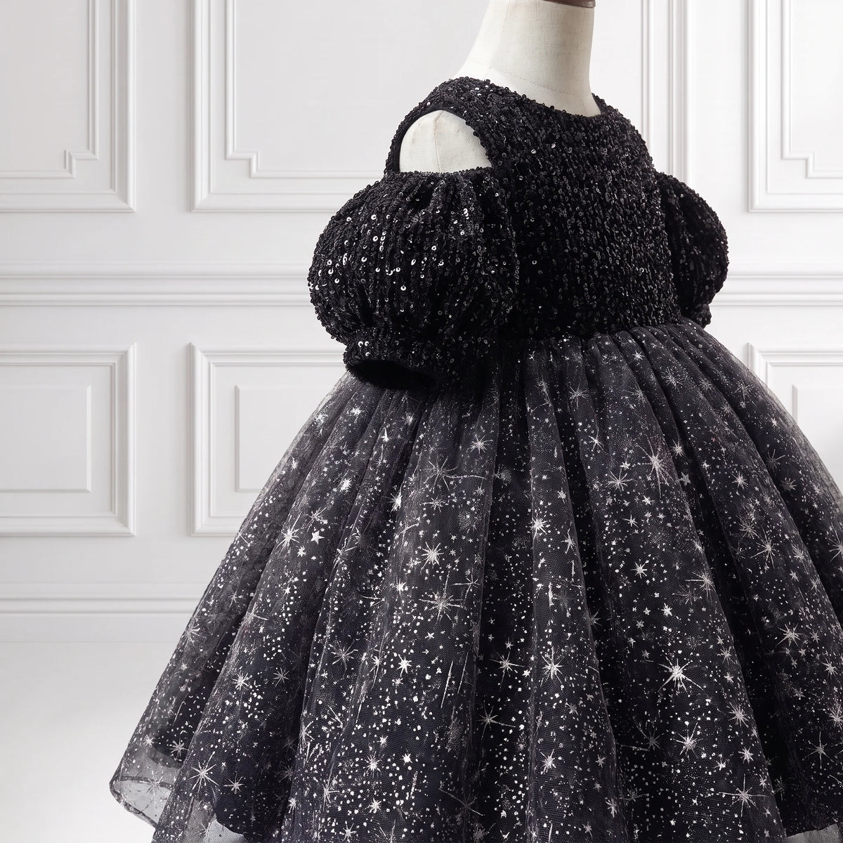 Girls Black Star Sequin Party Dress
