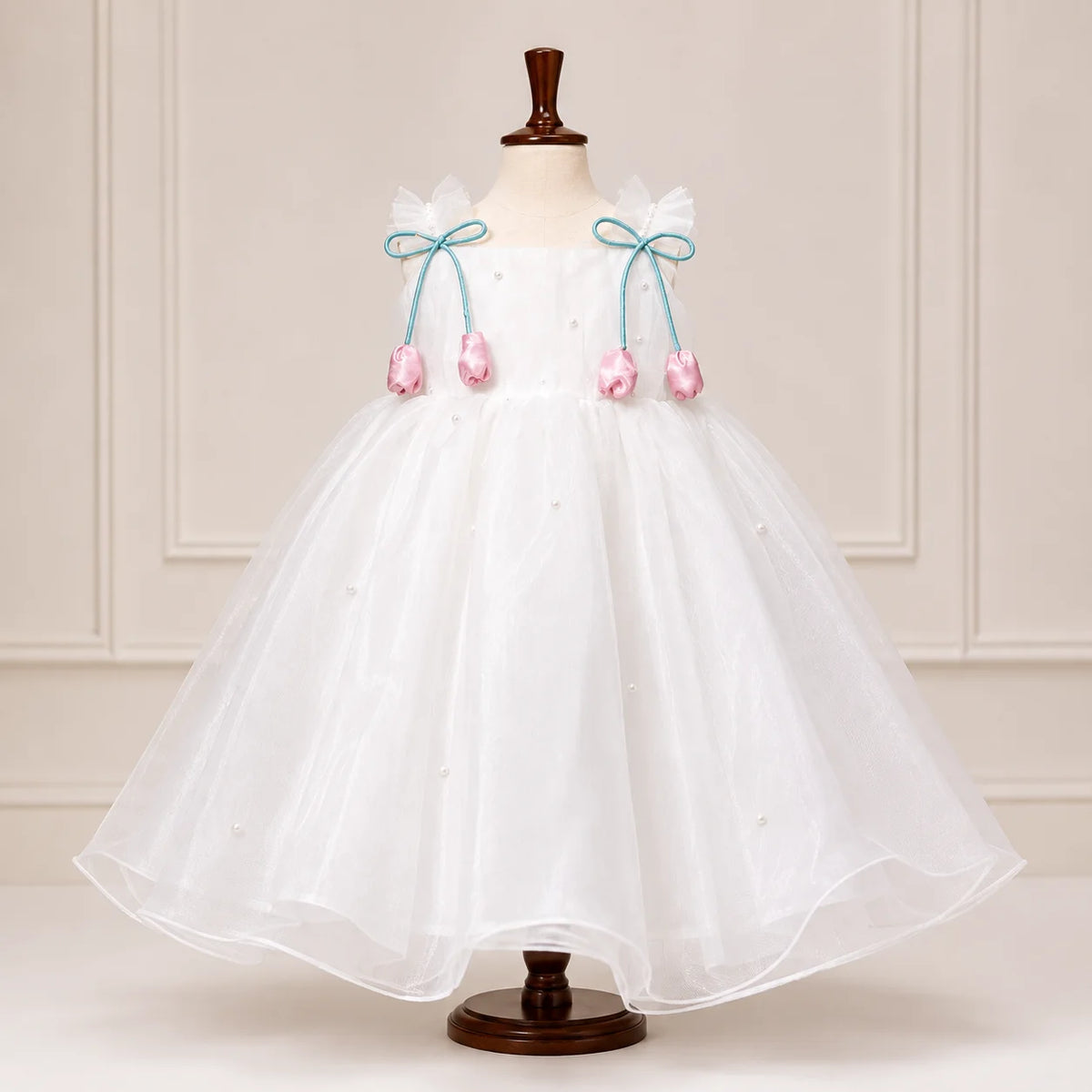 Girls White & Pink Bow Party Dress