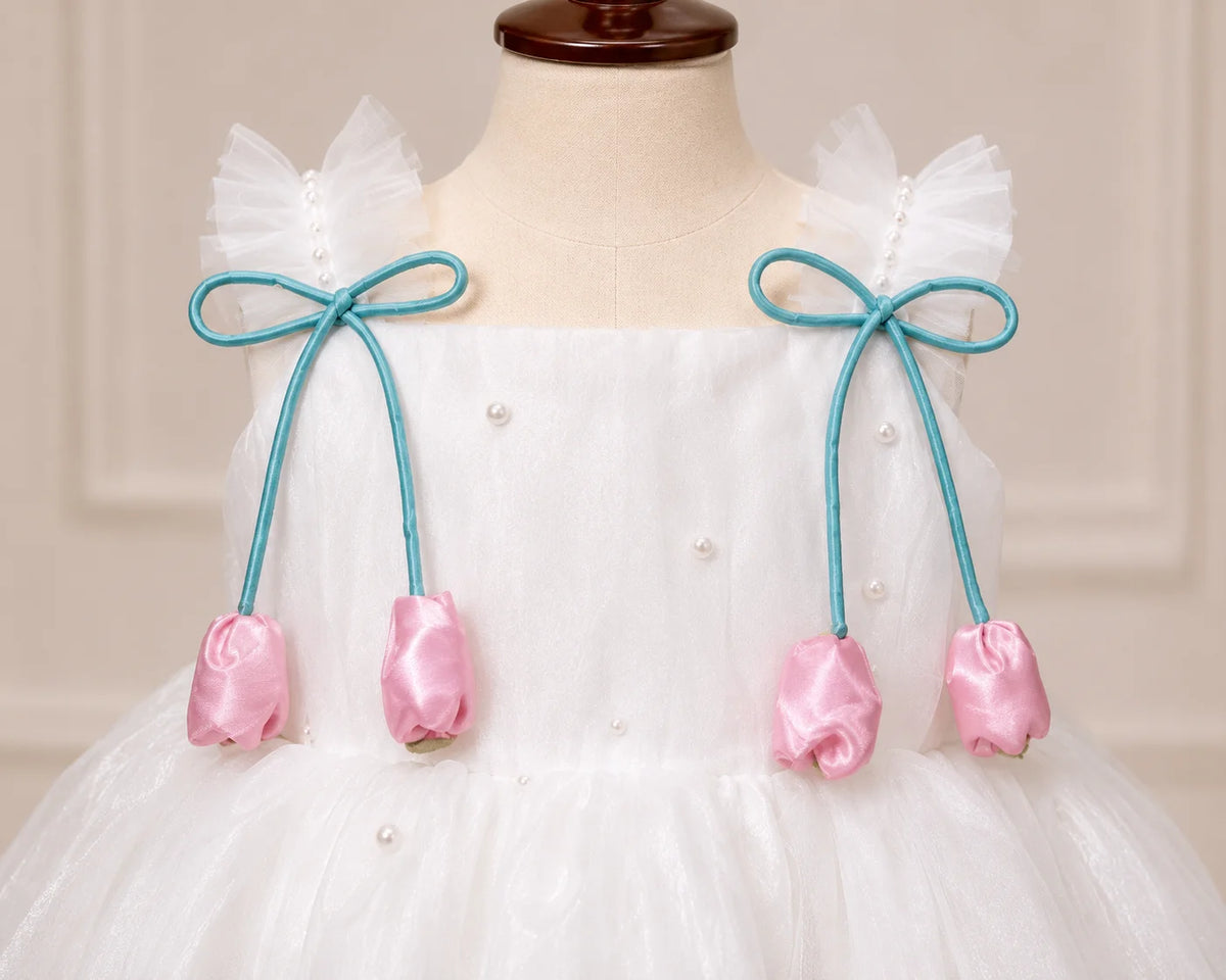 Girls White & Pink Bow Party Dress