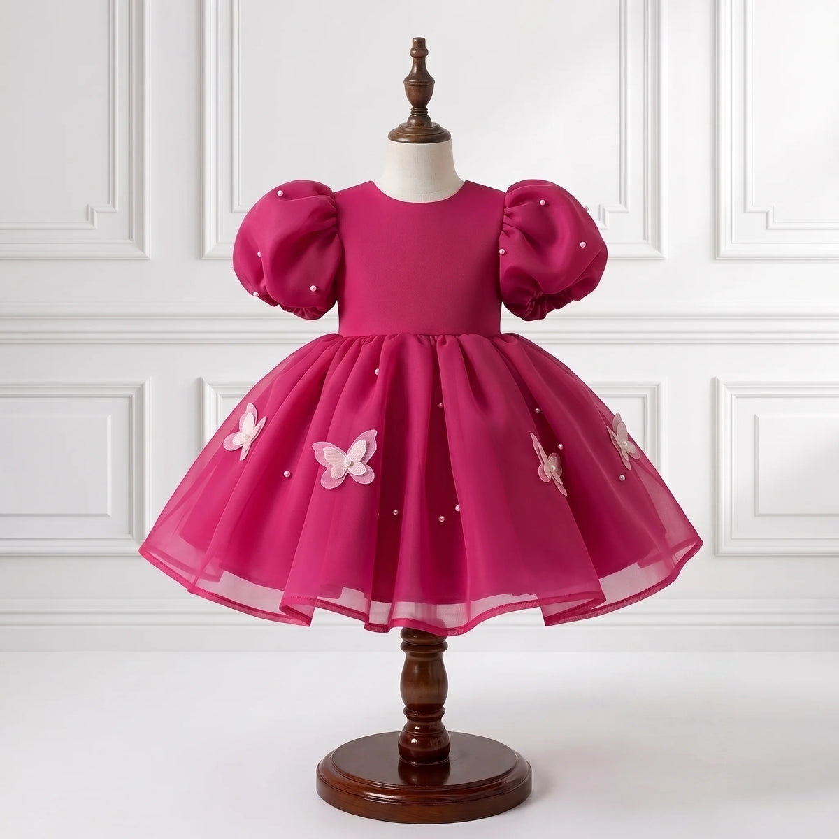 Magenta Pink Butterfly & Pearl Organza Party Dress