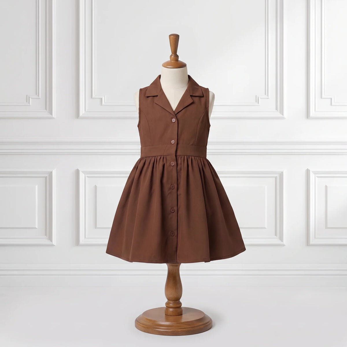 Classic Brown Shirt-Collar Lawn Flare Dress