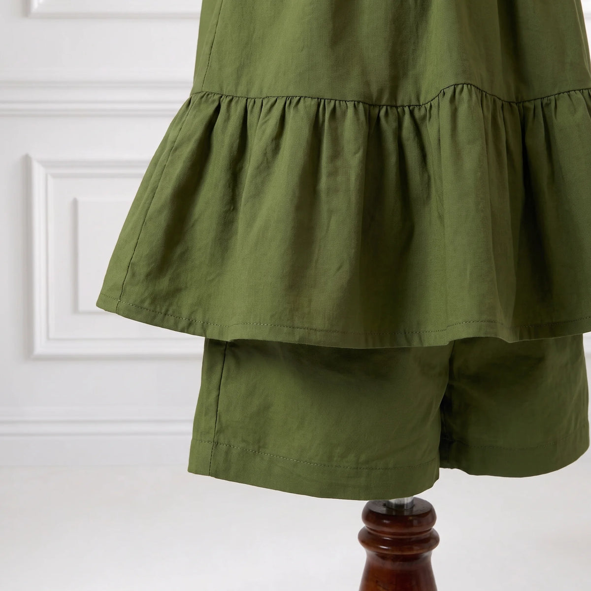 Olive Green Rose Motif Top & Shorts Set