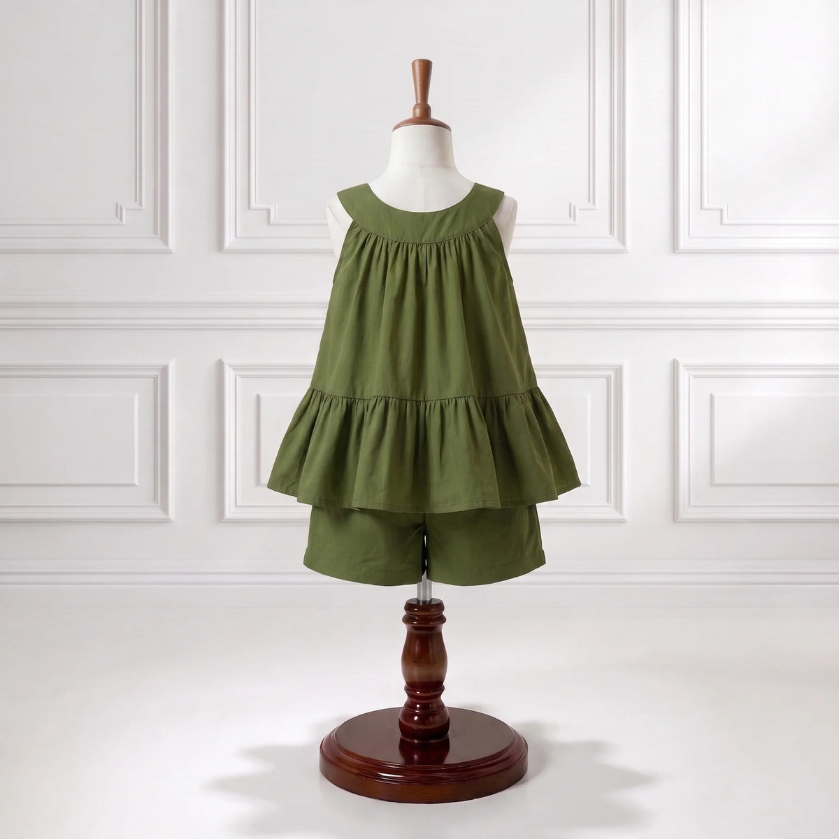 Olive Green Rose Motif Top & Shorts Set
