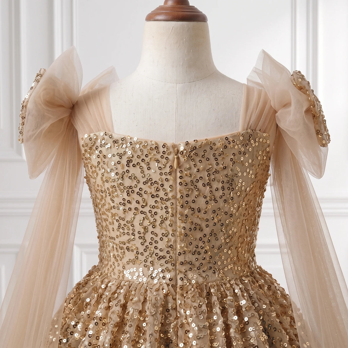 Champagne Gold Sequin & Net Ball Gown with Off-Shoulder Drapes