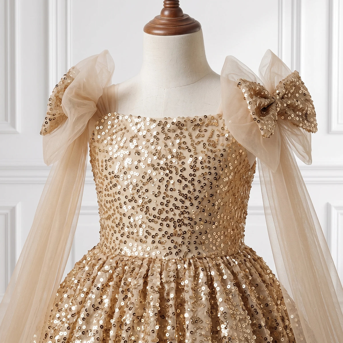 Champagne Gold Sequin & Net Ball Gown with Off-Shoulder Drapes