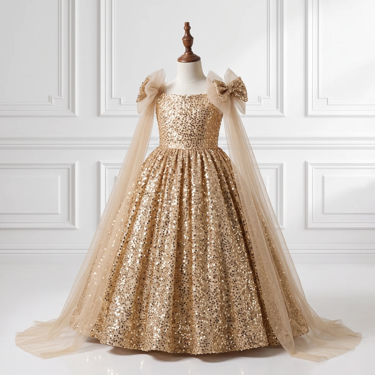 Champagne Gold Sequin & Net Ball Gown with Off-Shoulder Drapes