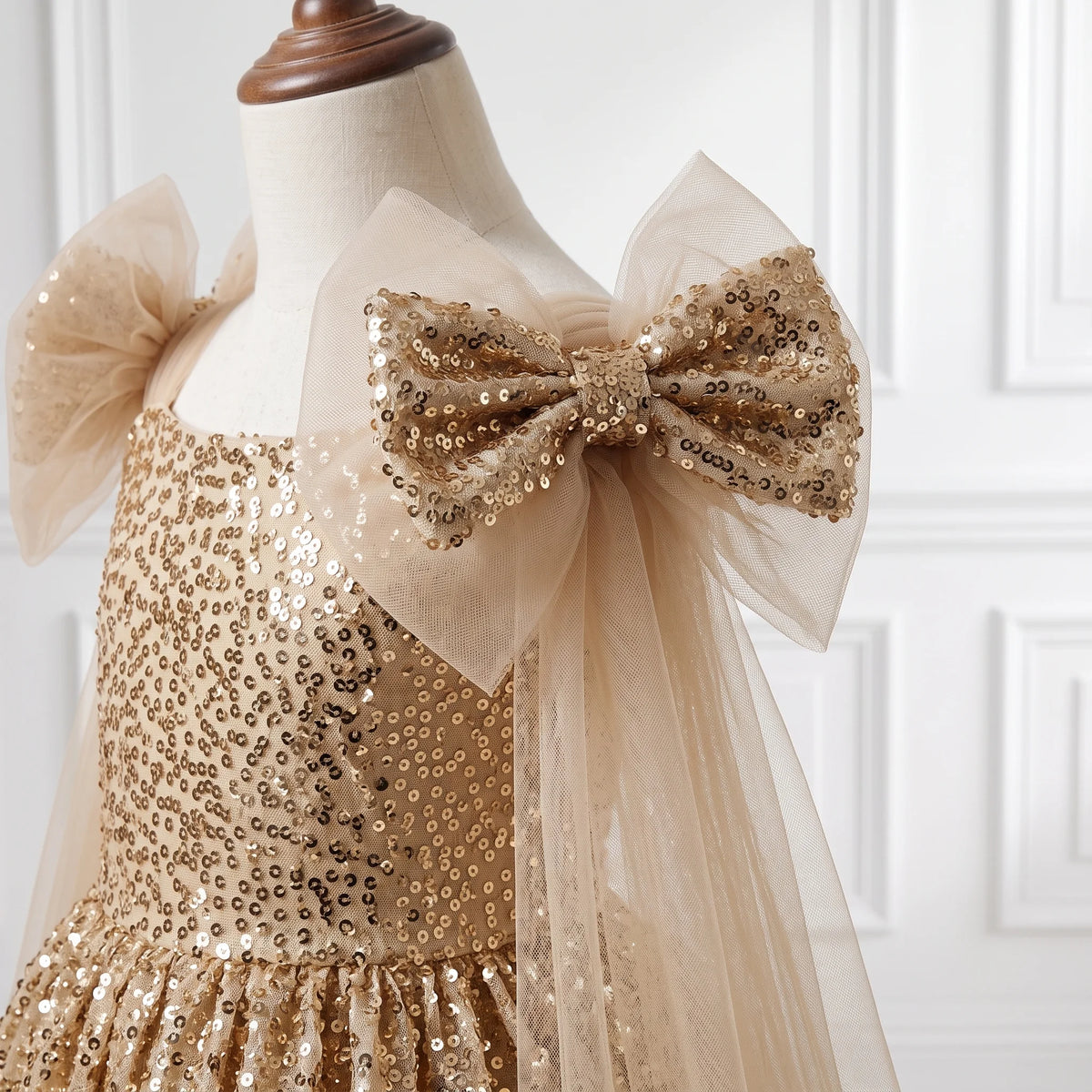 Champagne Gold Sequin & Net Ball Gown with Off-Shoulder Drapes