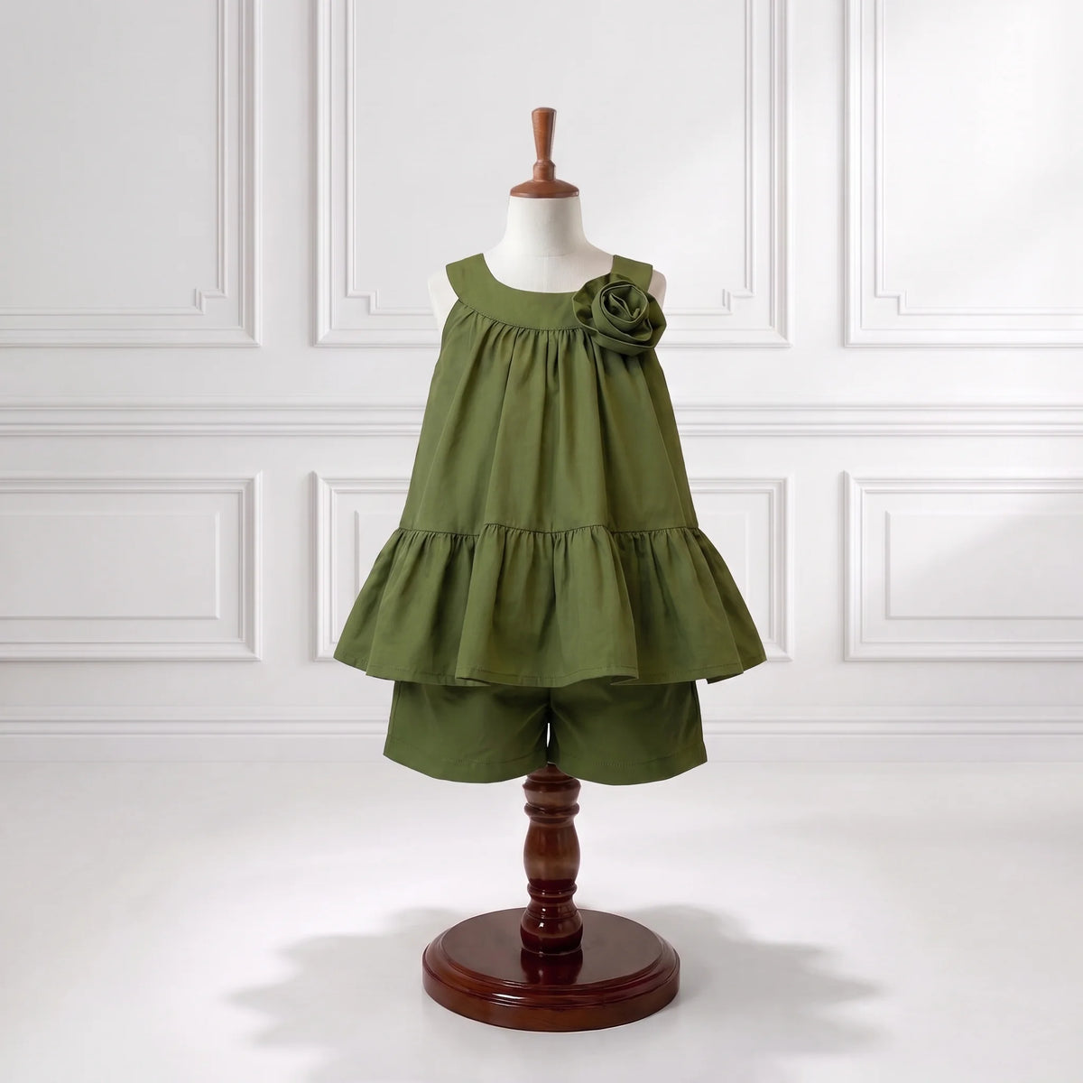 Olive Green Rose Motif Top & Shorts Set