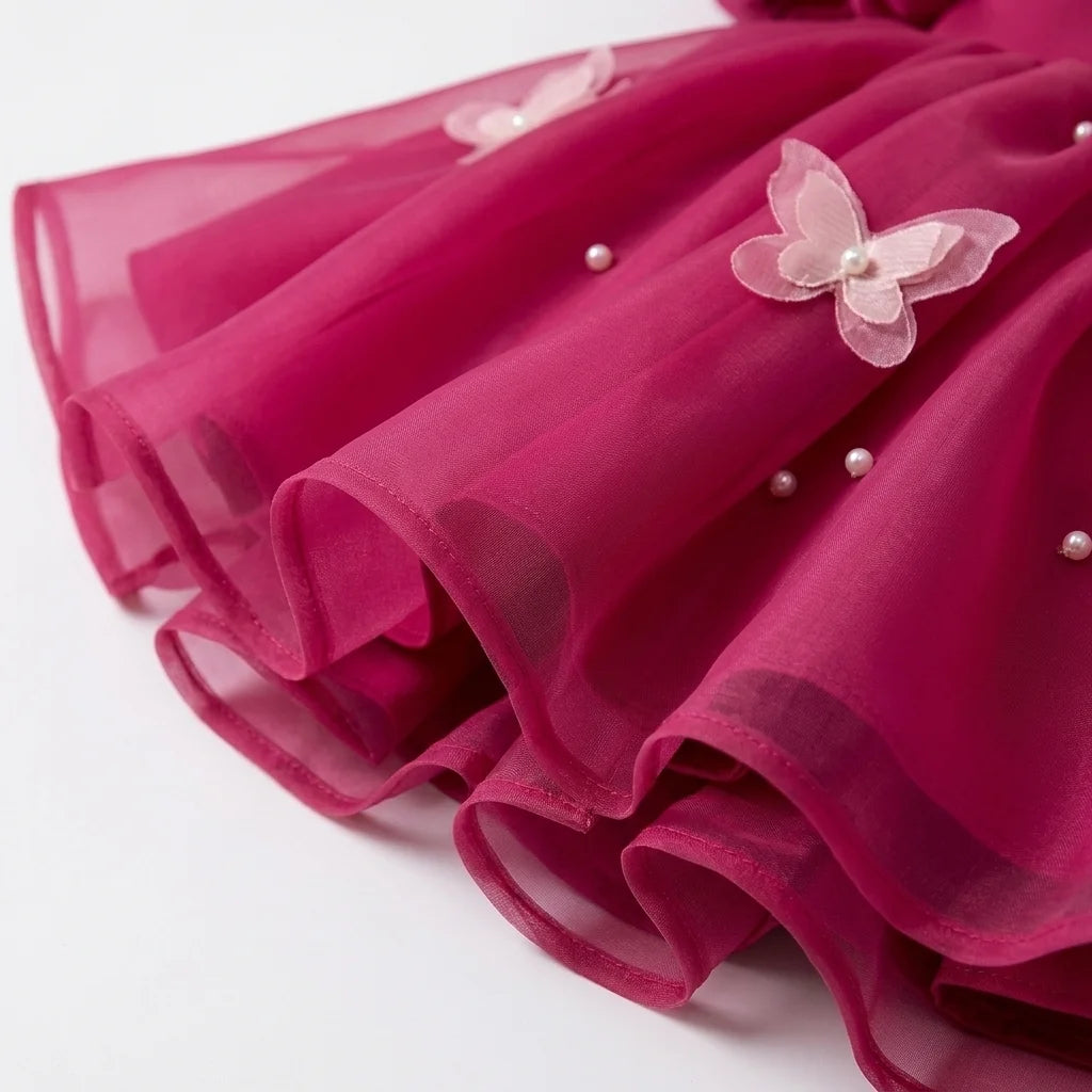 Magenta Pink Butterfly & Pearl Organza Party Dress