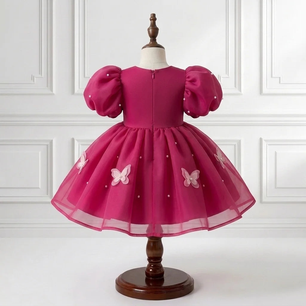 Magenta Pink Butterfly & Pearl Organza Party Dress