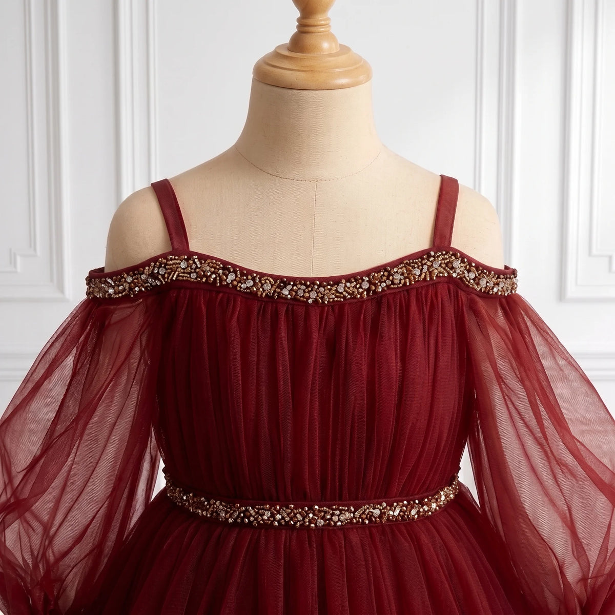Kids Maroon Net Cold-Shoulder Ball Gown