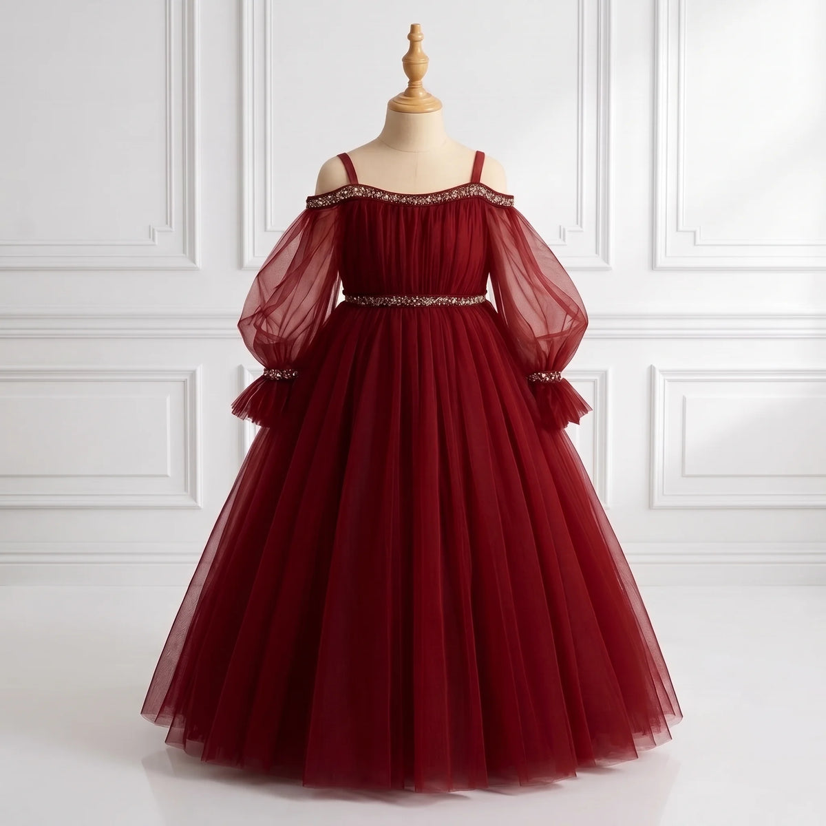 Kids Maroon Net Cold-Shoulder Ball Gown