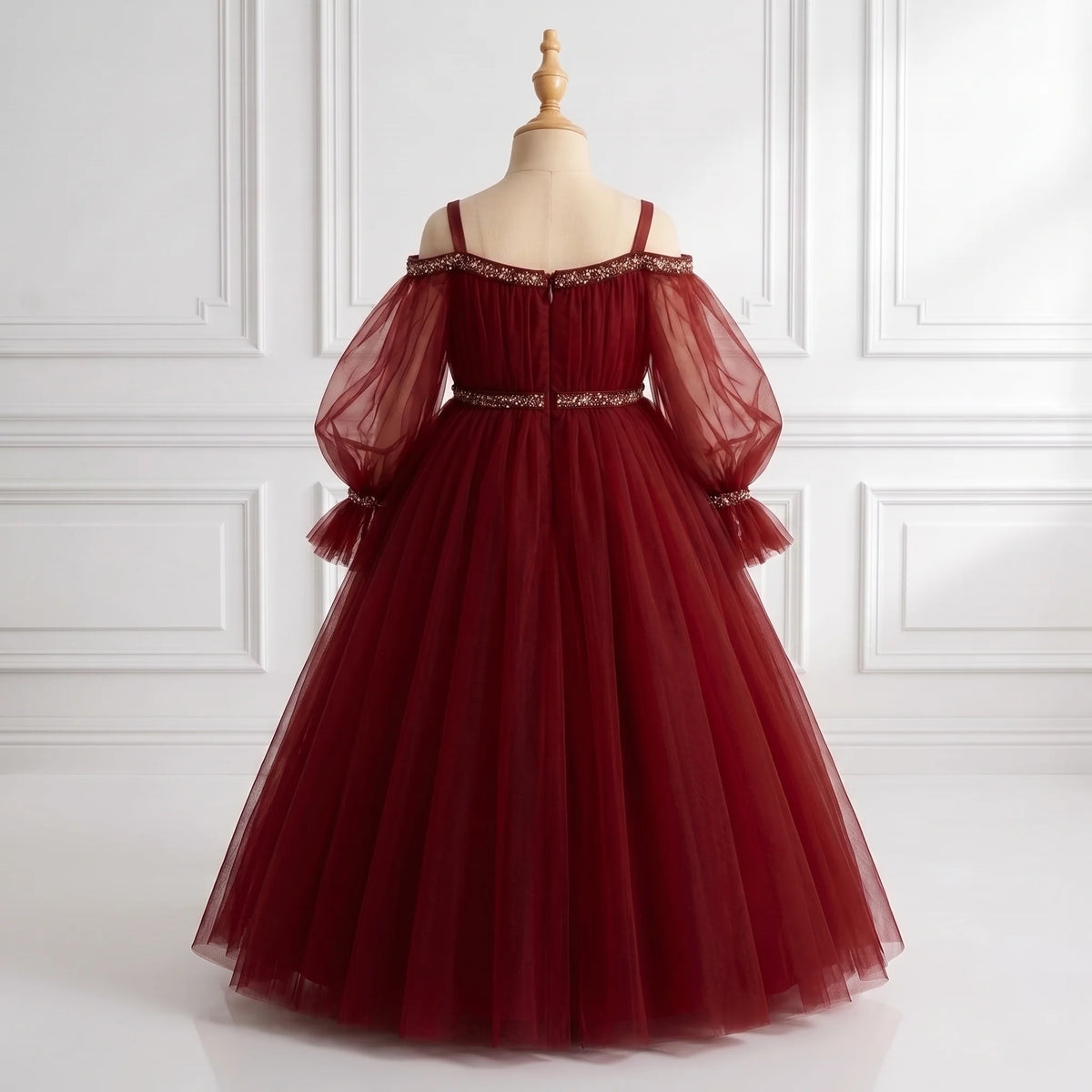 Kids Maroon Net Cold-Shoulder Ball Gown