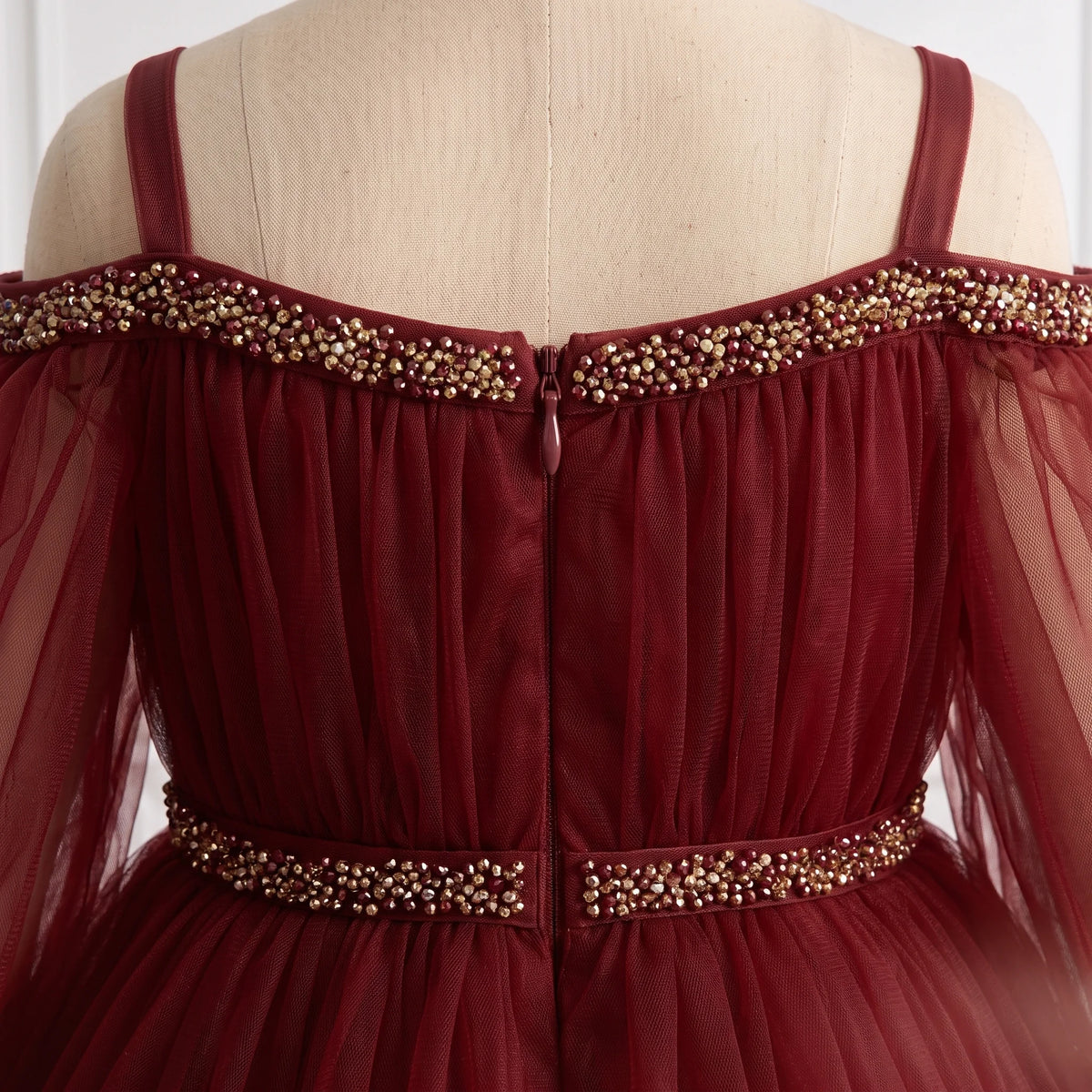 Kids Maroon Net Cold-Shoulder Ball Gown